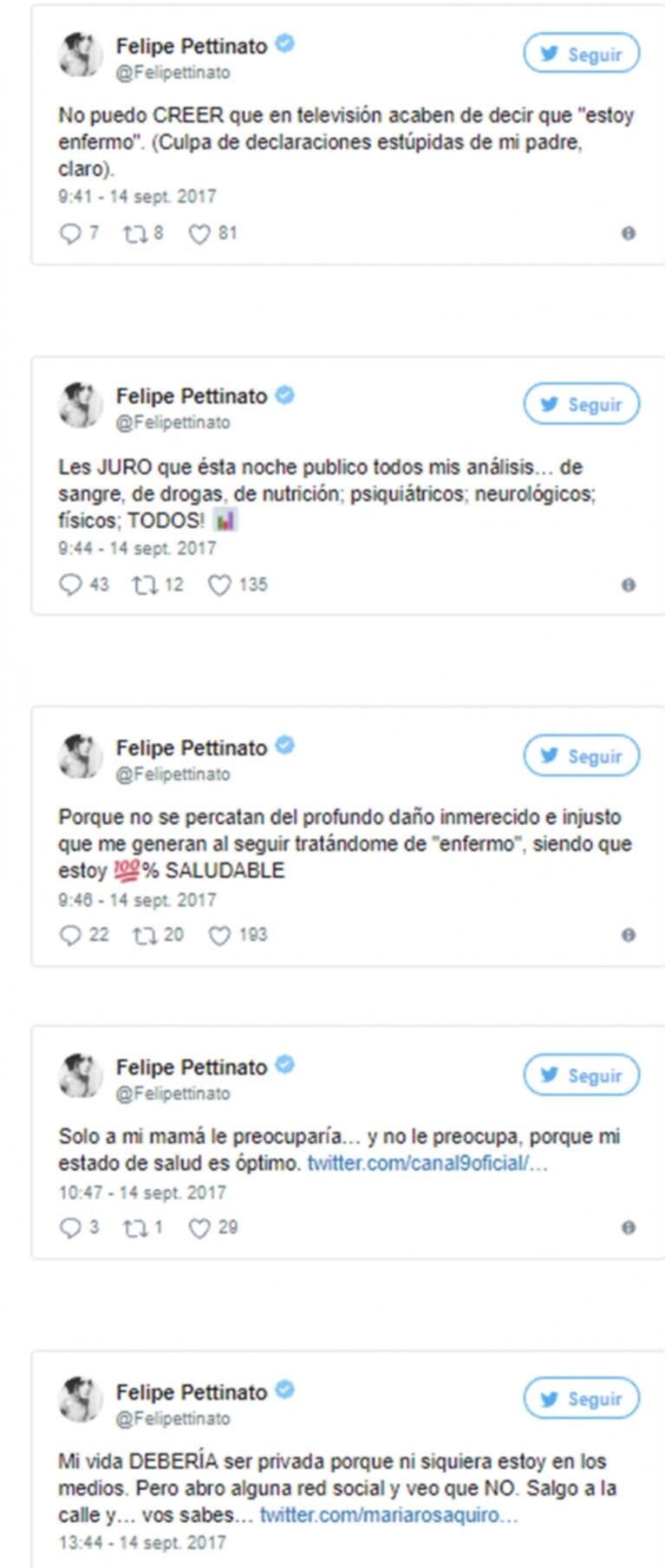 Felipe Pettinato volvió a la carga contra su papá por Twitter: "Dicen que estoy enfermo, culpa de declaraciones estúpidas de mi padre, claro"