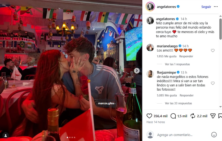"Feliz cumple amor de mi vida. Soy la persona mas feliz del mundo estando cerca tuyo. Te mereces el cielo y más te amo mucho", escribió Ángela Torres