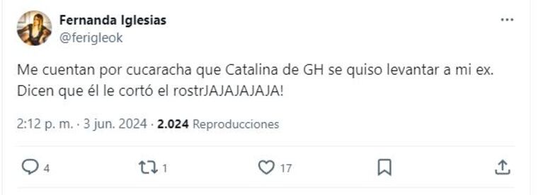Fernanda Iglesias apuntó picantísima contra Catalina Gorostidi por querer levantarse a su ex