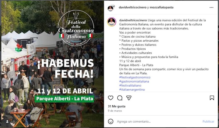 Festival de gastronomía italiana en La Plata. (Foto: @davidveltricocinero)