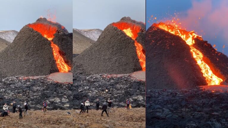 Filman a un grupo de personas jugando al voleibol enfrente de un volcán en erupción en Islandia