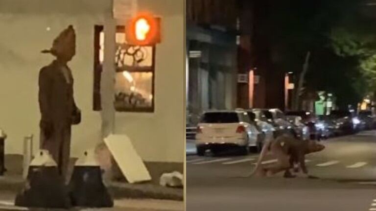 Filman a un hombre disfrazado de rata cruzando una calle en Nueva York