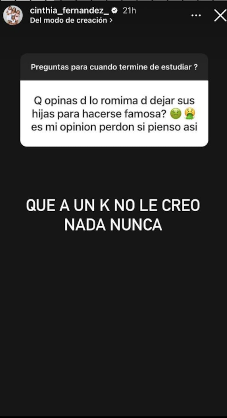 Filosa opinión de Cinthia Fernández sobre Romina Uhrig por entrar a Gran Hermano teniendo tres hijas