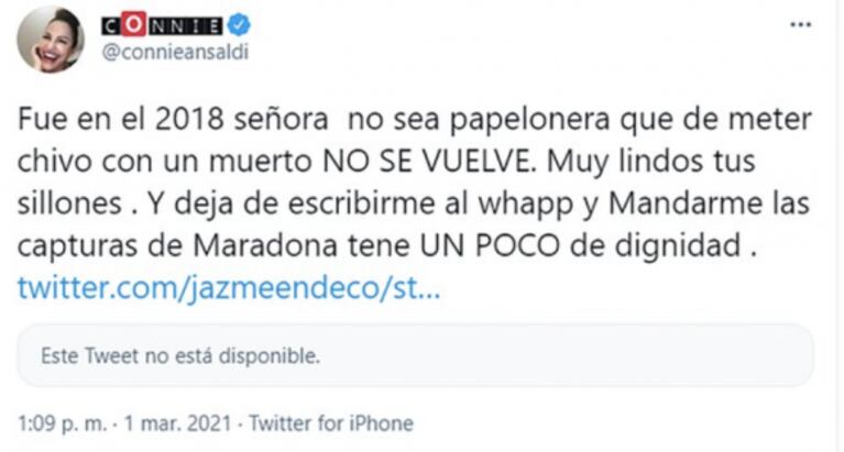 Filosa reacción de Connie Ansaldi con la decoradora que aseguró que Maradona la quiso seducir: "De meter chivo con un muerto no se vuelve"