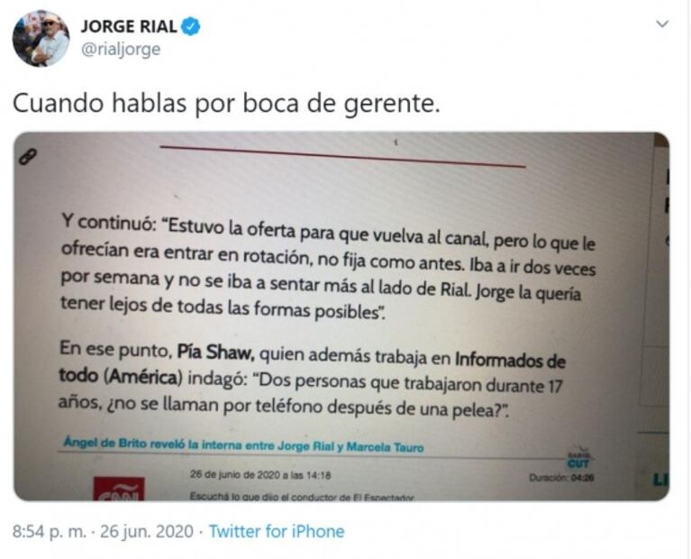 Filosa reacción de Rial a la versión de que no quería sentada al lado a Tauro: "Cuando hablás por boca de gerente"