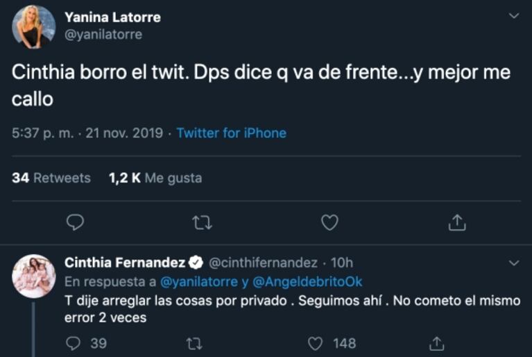 Filosa reacción de Yanina Latorre ante el tweet de Cinthia Fernández, dolida con la panelista: "Después dice que va de frente" 