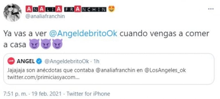 Filosa reacción pública de Analía Franchín, tras que De Brito la tildara de "miserable": "Ya vas a ver cuando vengas a comer a casa"