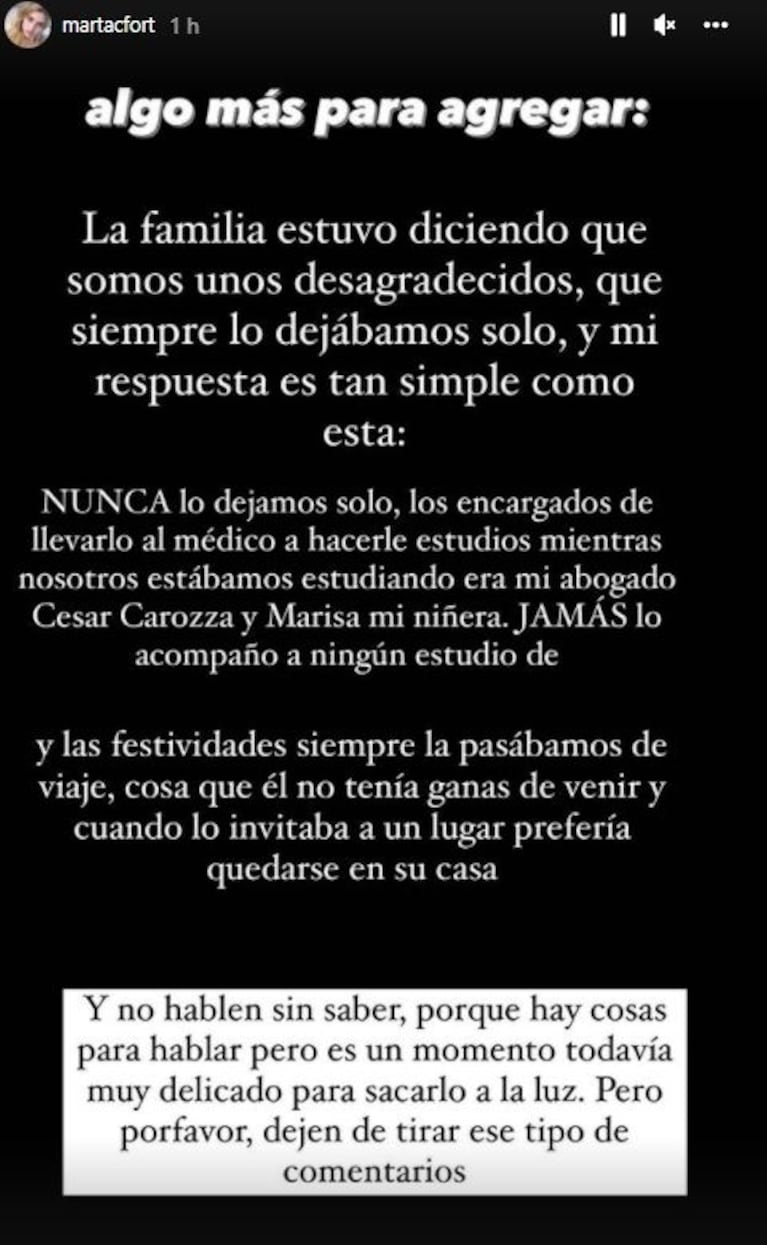 Filosa respuesta de Martita Fort al sobrino de Gustavo Martínez tras su muerte: “Nunca lo dejamos solo”