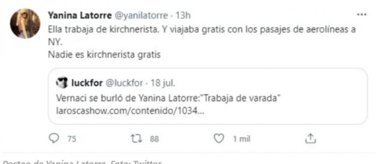 Filosa respuesta de Yanina Latorre a Elizabeth Vernaci tras su fuerte ironía: "Ella trabaja de kirchnerista"