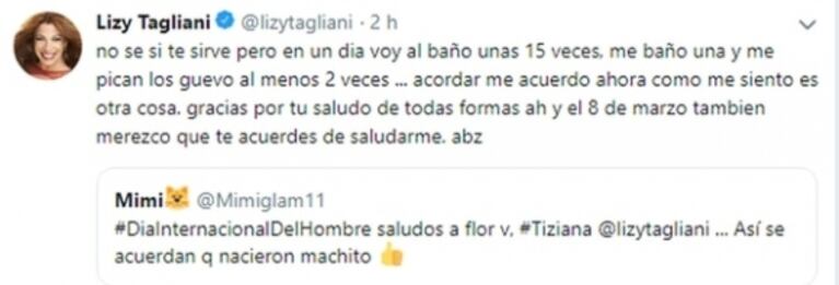 Filosa (y elogiada) respuesta de Lizy Tagliani a una mujer que la saludó por el Día Internacional del Hombre