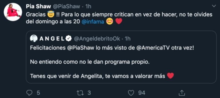 Filoso comentario ¡y guiño buena onda! de Ángel de Brito a Pía Shaw con palito a América: "Tenes que venir de 'angelita', te vamos a valorar más" 