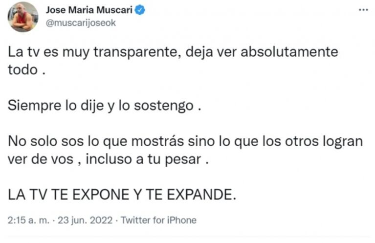 Filoso tweet de José María Muscari tras el tenso cara a cara con Nazarena Vélez en vivo
