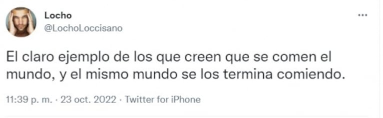 Filoso tweet de Locho Loccisano cuando Tomás Holder fue eliminado de Gran Hermano: "Los que se creen que se comen el mundo"