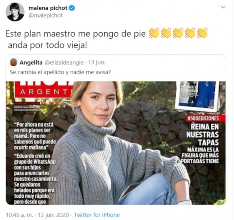 Filoso tweet de Malena Pichot sobre la esposa de Eduardo Costantini: "Este plan maestro, me pongo de pie"