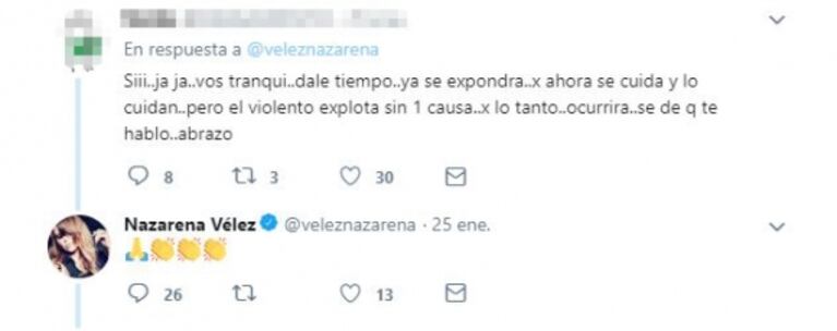 Filoso tweet de Nazarena Vélez tras la defensa de Santiago a Fede Bal: "Falta Paleo y ya opinó toda la familia"
