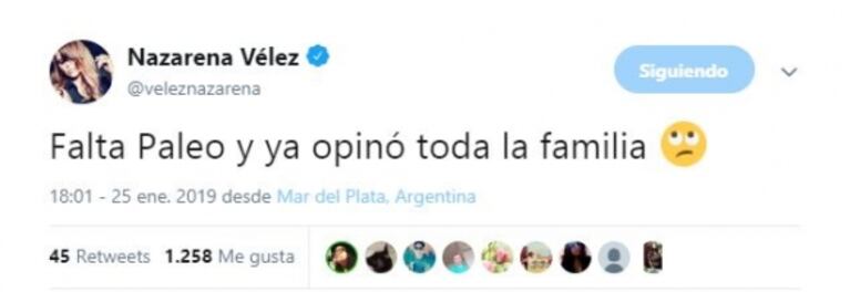 Filoso tweet de Nazarena Vélez tras la defensa de Santiago a Fede Bal: "Falta Paleo y ya opinó toda la familia"