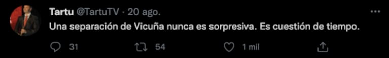 Filoso tweet de Tartu sobre la separación de Benjamín Vicuña y China Suárez: "Es cuestión de tiempo"