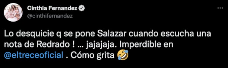 Filosos tweets de Cinthia Fernández durante el descargo de Luciana Salazar contra Martín Redrado