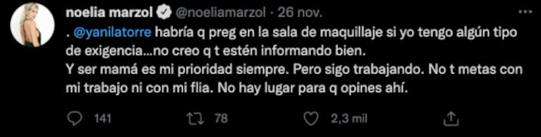 Filosos tweets de Noelia Marzol a Yanina Latorre tras sus críticas: "No te metas con mi trabajo ni con mi familia"