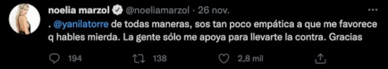 Filosos tweets de Noelia Marzol a Yanina Latorre tras sus críticas: "No te metas con mi trabajo ni con mi familia"