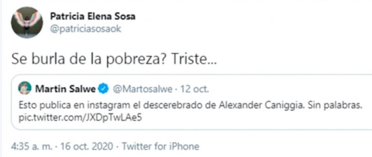 Filosos tweets de Patricia Sosa contra Alex Caniggia tras su pelea con Oscar Mediavilla: "El contrincante es tan bajo"