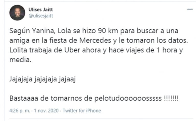 Filosos tweets de Ulises Jaitt por el escándalo de Lola Latorre en una fiesta clandestina: "¡Basta de tomarnos de pelotudos!"