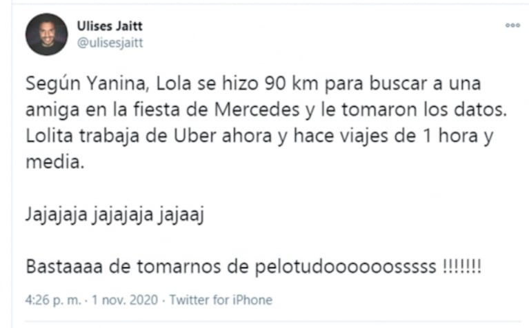 Filosos tweets de Ulises Jaitt por el escándalo de Lola Latorre en una fiesta clandestina: "¡Basta de tomarnos de pelotudos!"