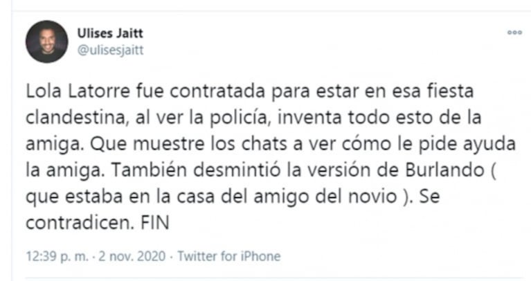 Filosos tweets de Ulises Jaitt por el escándalo de Lola Latorre en una fiesta clandestina: "¡Basta de tomarnos de pelotudos!"