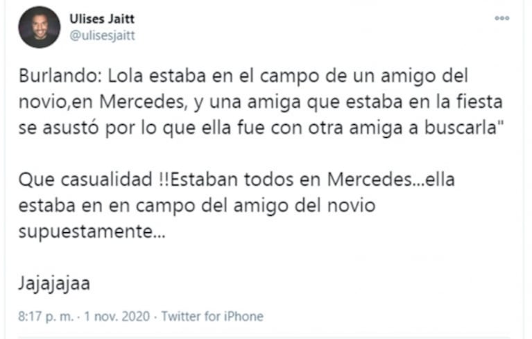 Filosos tweets de Ulises Jaitt por el escándalo de Lola Latorre en una fiesta clandestina: "¡Basta de tomarnos de pelotudos!"