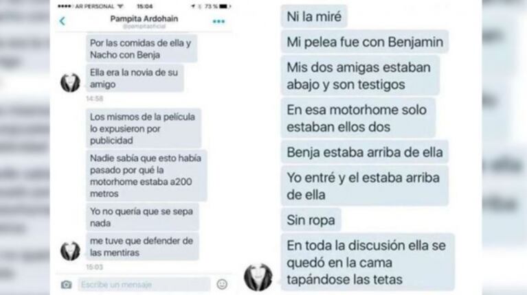 Filtran supuesto chat de Pampita tras descubrir infraganti a Benjamín Vicuña y China Suárez en el motorhome