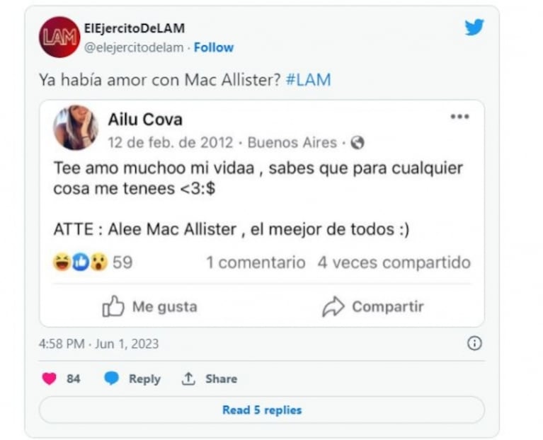 Filtran viejos mensajes que Ailén Cova le mandaba a Alexis Mac Allister cuando estaba de novio con Camila Mayan