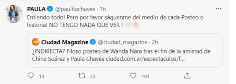 Firme pedido de Paula Chaves tras el escándalo entre China Suárez y Wanda Nara: "Sáquenme del medio"