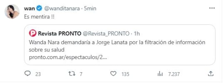 Firme reacción de Wanda Nara sobre la posibilidad de demandar a Jorge Lanata por hablar de su salud: "Es mentira"