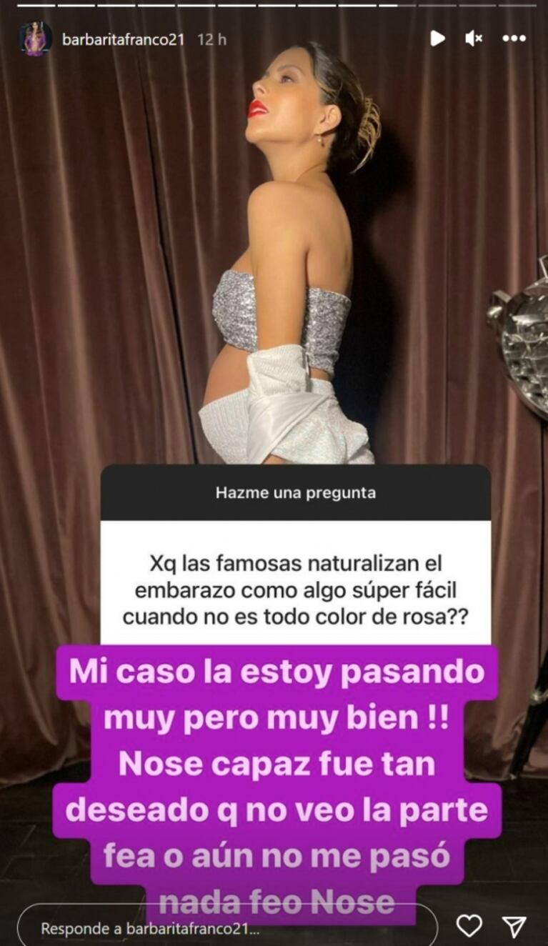Firme respuesta de Barby Franco a una seguidora que la criticó por hablar del embarazo como si fuera todo color de rosa