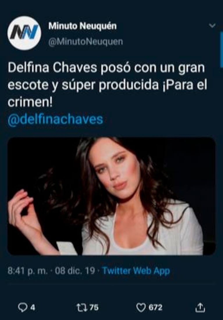 Firme respuesta de Delfina Chaves a un medio que analizó una foto suya de un modo machista: "¿Para el crimen?"