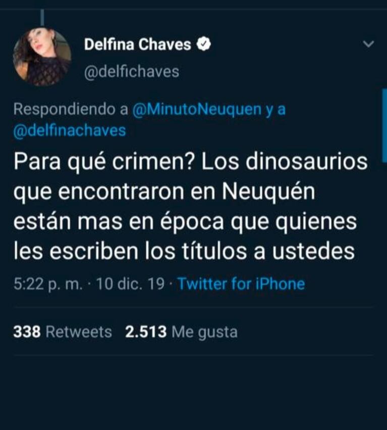 Firme respuesta de Delfina Chaves a un medio que analizó una foto suya de un modo machista: "¿Para el crimen?"