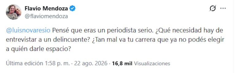 Flavio Mendoza contra Luis Novaresio en X.