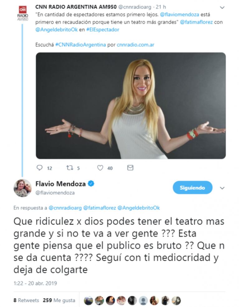 Flavio Mendoza, filosísimo con Fátima Florez: "Seguí con tu mediocridad y dejá de colgarte"
