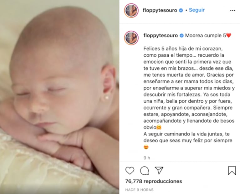 Floppy Tesouro le dedicó un conmovedor posteo a su hija, que cumplió cinco años: "Me tenés muerta de amor"