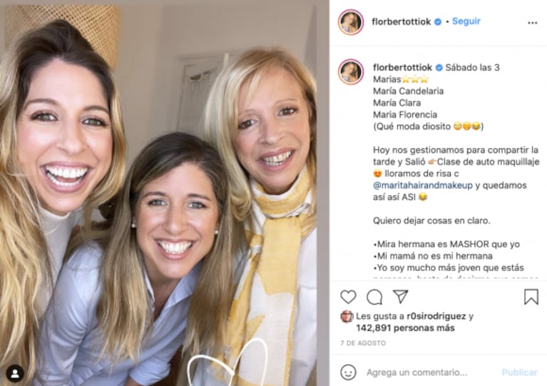 Flor Bertotti publicó una foto con su mamá y su hermana, que son súper parecidas a ella: "Sabemos cómo seremos a los 63" 