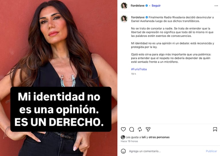 Flor de la V había anunciado la desvinculación de Daniel Avellaneda de Radio Rivadavia (Foto: Instagram @flordelave)