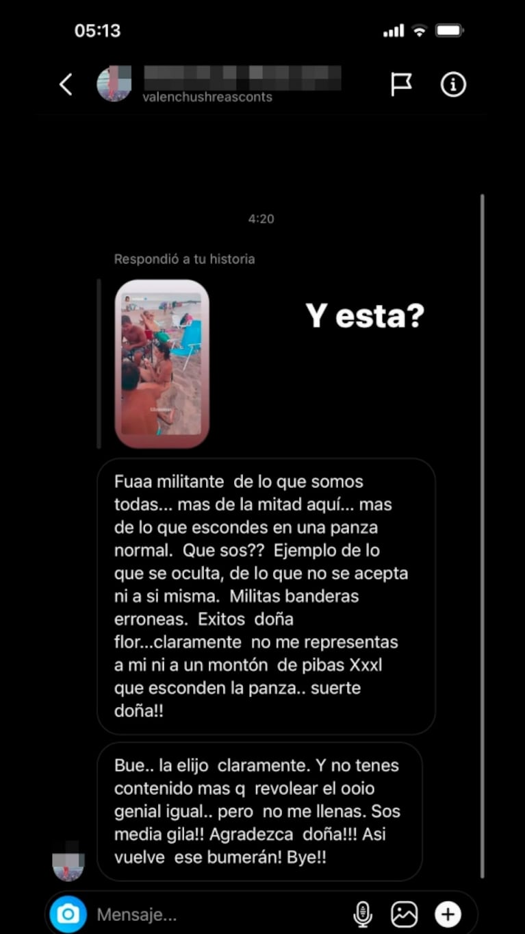Flor Jazmín Peña se enojó con una chica que la acusó de "esconder su panza" en la playa: "Después no vengan a autoproclamarse feministas"