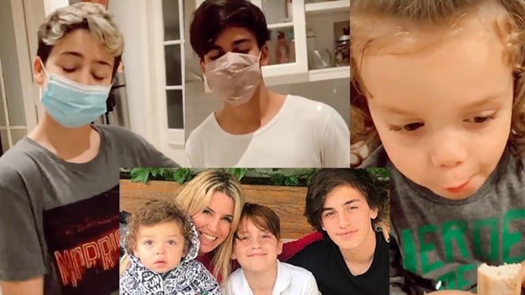 Flor mostró a sus tres hijos cocinando juntos.