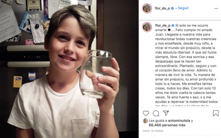 Flor Peña le dedicó un mensaje muy profundo a su hijo Juan, que cumplió 13 años: "Llegaste a nuestras vidas para revolucionar todas nuestras creencias"