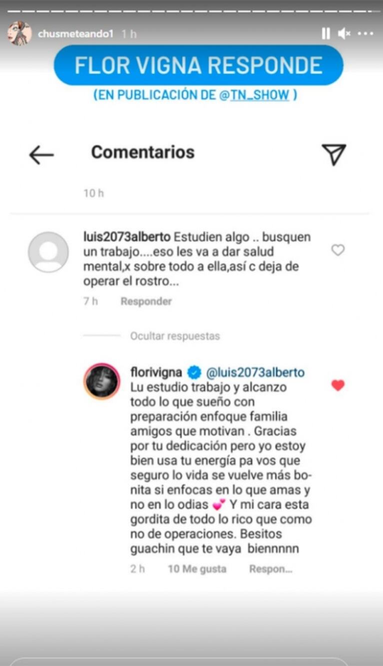 Flor Vigna le contestó a un 'hater' que la acusó de haberse operado el rostro: "Mi cara está gordita por todo lo rico que como"