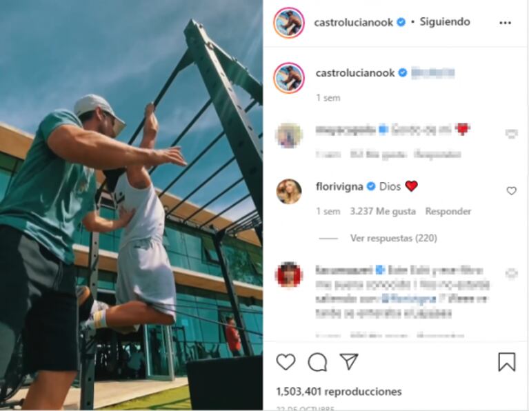 Flor Vigna le dedicó a Luciano Castro un comentario "baboso" en un video entrenando: "Dios"