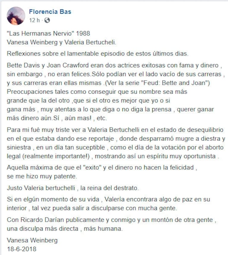 Florencia Bas compartió una durísima carta de una actriz sobre Bertuccelli, tras el escándalo con Darín