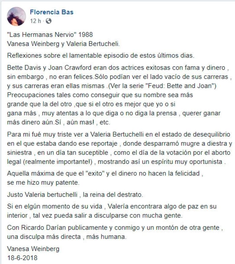 Florencia Bas compartió una durísima carta de una actriz sobre Bertuccelli, tras el escándalo con Darín