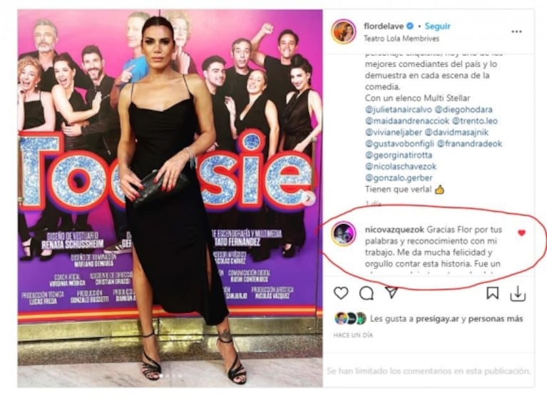 Florencia de la Ve disfrutó de Tootsie y felicitó a Nico Vázquez: la emotiva respuesta del actor