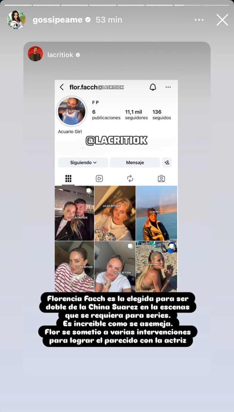 Florencia Facch es la doble de la China Suárez que habría sido contratada para escenas requeridas en ficciones (Foto: captura de Instagram/@LaCritiok y @gossipeame).